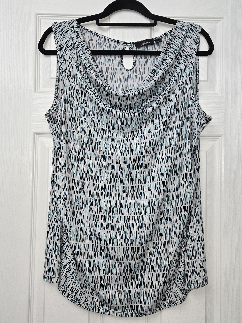 Lerner Sleeveless Cowl Neck Top Size XL Keyhole Back Abstract Print Blue Black